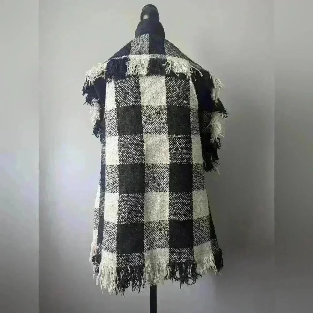 ANGL Plaid Black and Tan Vest with Fringe